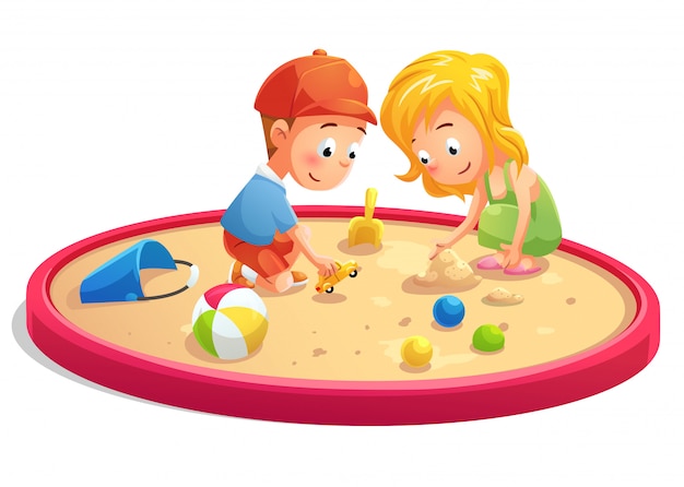 Дети играют в мультяшном стиле песочницы | Премиум векторы