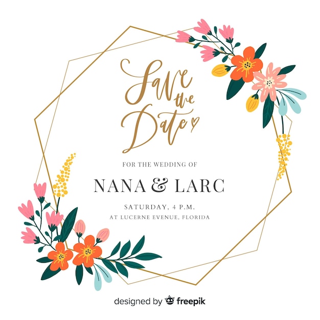 花のフレームの結婚式の招待状のフラットなデザイン 無料のベクター