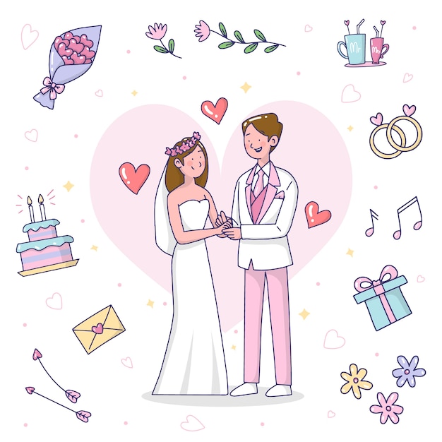 手描きの結婚式のカップルのイラスト 無料のベクター