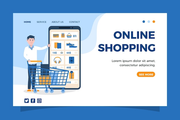 フラットデザインショッピングオンラインランディングページテンプレート 無料のベクター