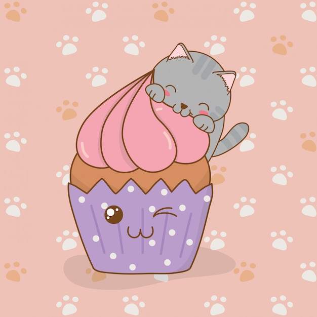 カップケーキかわいいキャラクターとかわいい小さな猫 プレミアムベクター