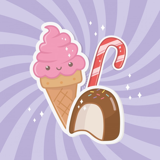 甘いアイスクリームとキャンディーかわいいキャラクター 無料のベクター