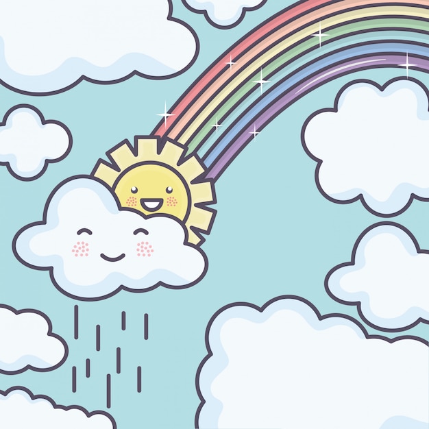 かわいい夏の太陽と虹かわいい雨の文字の雲 無料のベクター
