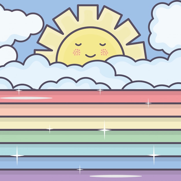 かわいい夏の太陽と虹かわいい文字と雲 無料のベクター