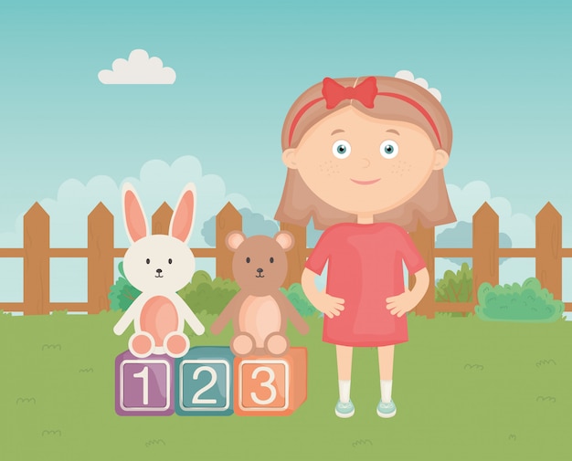 ブロックのウサギとクマの公園 子供のおもちゃでかわいい女の子 プレミアムベクター
