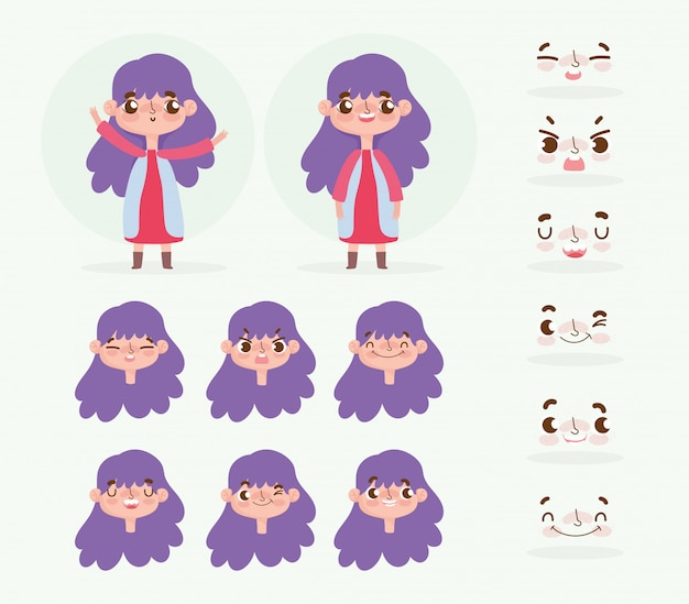 漫画のキャラクターのアニメーション紫色の髪と顔の感情を持つ少女 プレミアムベクター