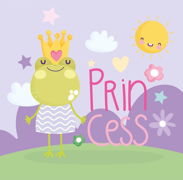 王冠とドレスプリンセス漫画かわいいテキストと小さなカエル プレミアムベクター
