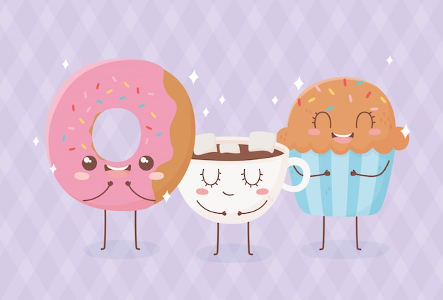 ドーナツカップケーキとチョコレートカップかわいい食べ物漫画キャラクターデザイン プレミアムベクター