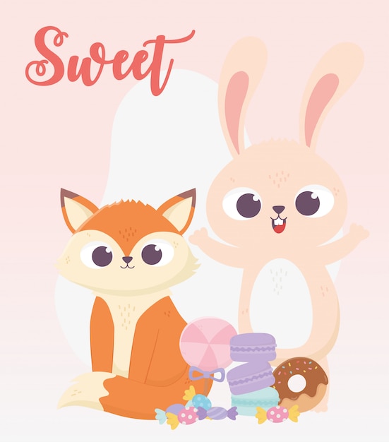 幸せな日 キツネとウサギのドーナツキャラメルビスケット漫画イラスト プレミアムベクター