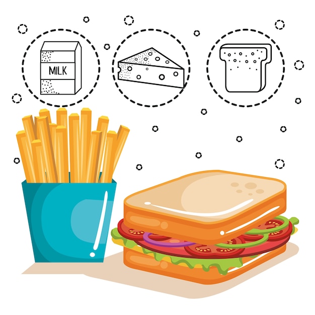 サンドイッチ フライドポテト 白い背景の上に手描きの食べ物ステッカー ベクトル図 プレミアムベクター