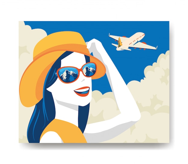 女性と飛行機の旅行イラスト | 無料のベクター