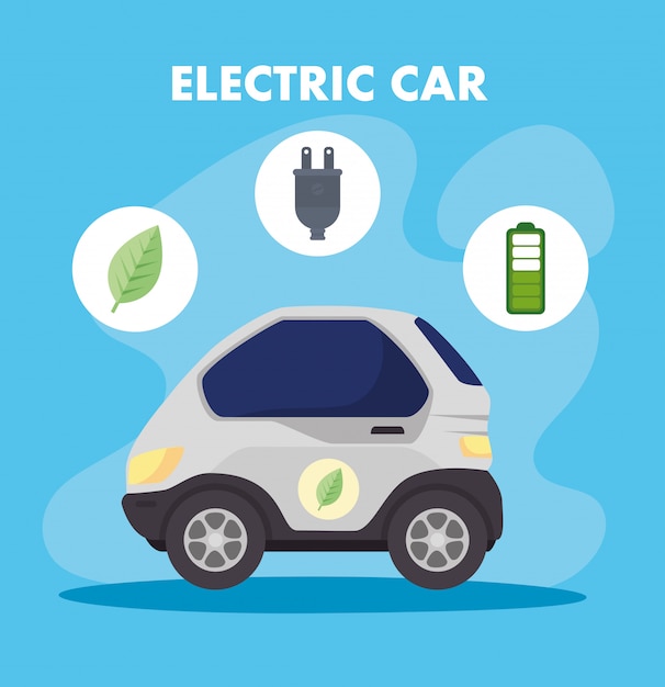 環境に優しいコンセプト 電気自動車の葉 プラグ バッテリー充電器ベクトルイラストデザイン プレミアムベクター