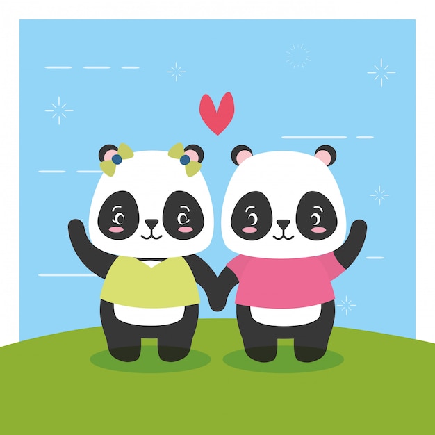 パンダのカップル かわいい動物 フラット 漫画スタイル イラスト