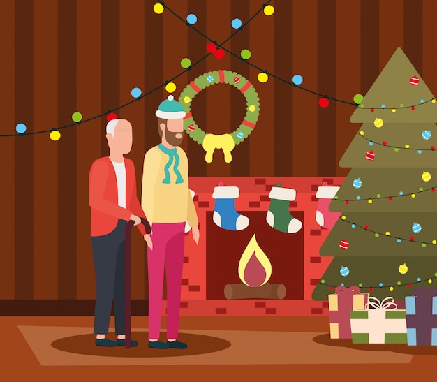 クリスマスの部屋で若い息子とかわいい祖父の装飾 プレミアムベクター