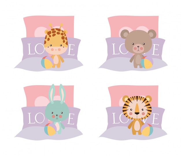 かわいい赤ちゃん動物のベッドデザイン 子供新生児子供無邪気さ 小さなテーマベクトルイラストのセット プレミアムベクター