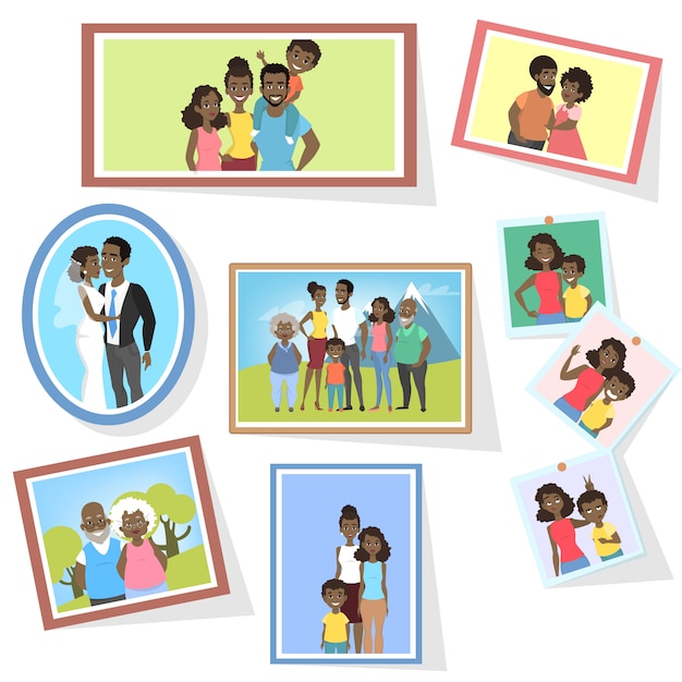 フレーム内のアフリカ系アメリカ人の家族の肖像画のギャラリー 人々のグループの写真 かわいいママとパパの恋 漫画のスタイルのイラスト プレミアムベクター