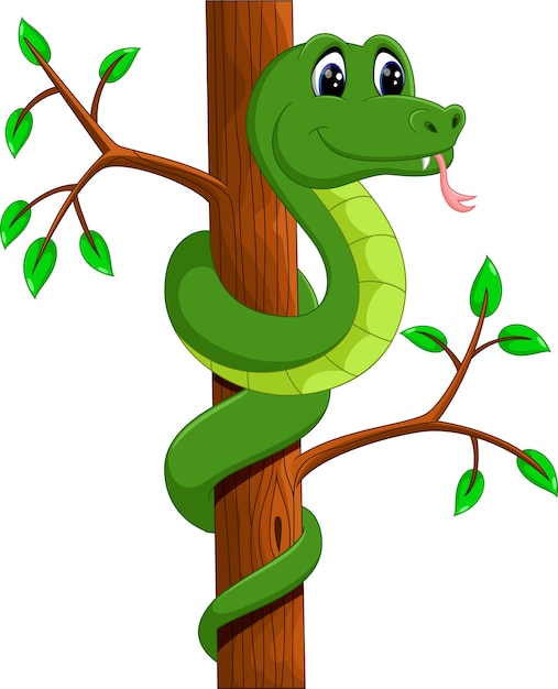 かわいい緑のヘビの漫画のイラスト プレミアムベクター