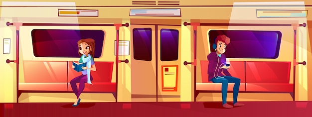 地下鉄の電車の中の人物十代の少年とメトロの女の子のイラスト