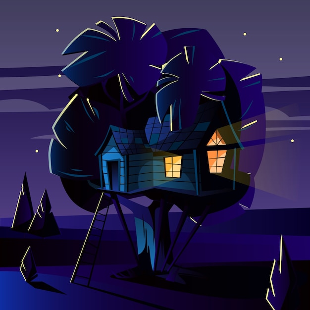 夜の夜 夜の木の家の漫画のイラスト 無料のベクター