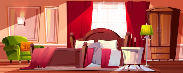 混乱の朝のベッドルーム部屋のインテリアのイラスト漫画の背景 無料
