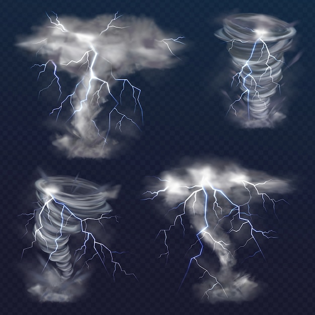 竜巻と雷雨ハリケーンの現実的な雷雲の光のフラッシュのイラスト