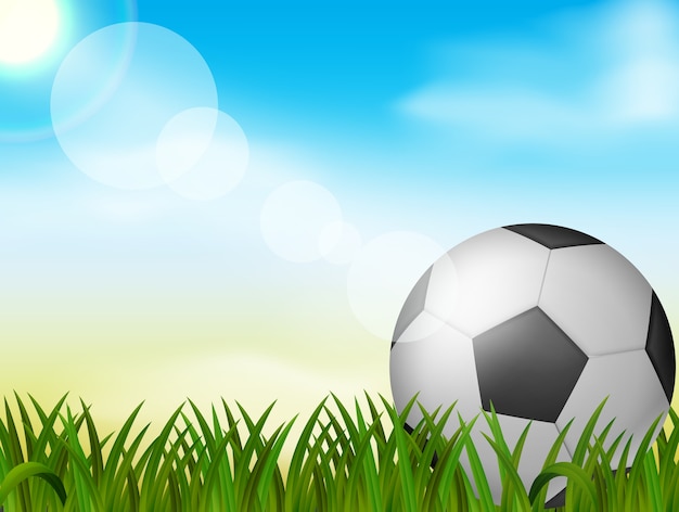 緑色の草の背景イラストにサッカーボール プレミアムベクター
