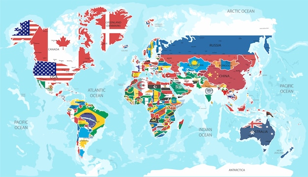 イラスト すべての国の国旗の世界地図 プレミアムベクター