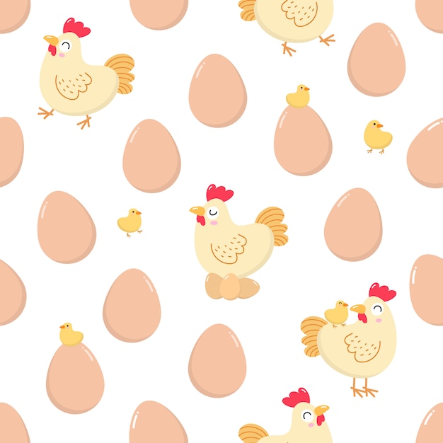 かわいい鶏 ひよこ 卵のシームレスなパターン プレミアムベクター