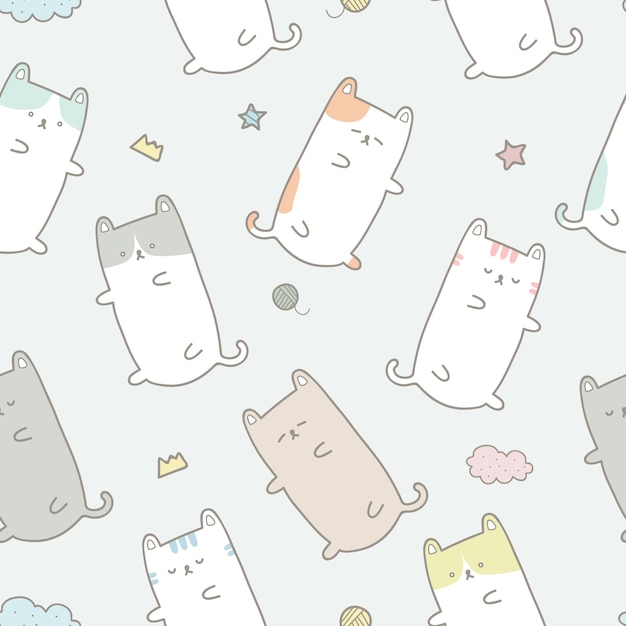 かわいい猫の漫画のパステルのシームレスなパターンの壁紙