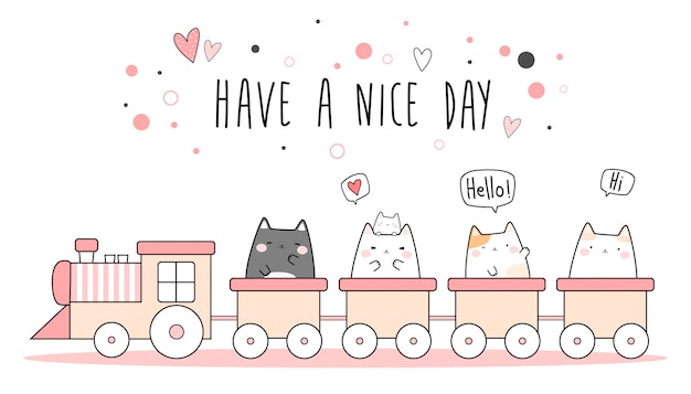 かわいいピンク猫子猫乗馬電車漫画落書き壁紙 プレミアムベクター