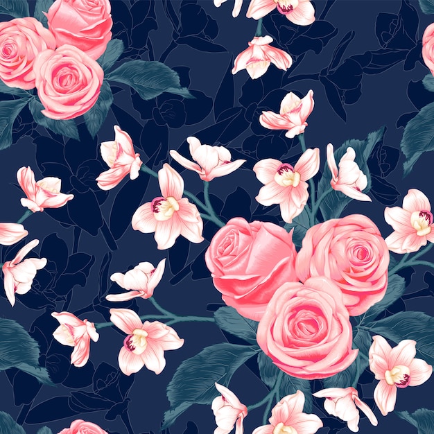 暗い青色の背景にシームレスパターンピンクのバラとピンクの蘭の花 イラスト描画水彩風 プレミアムベクター
