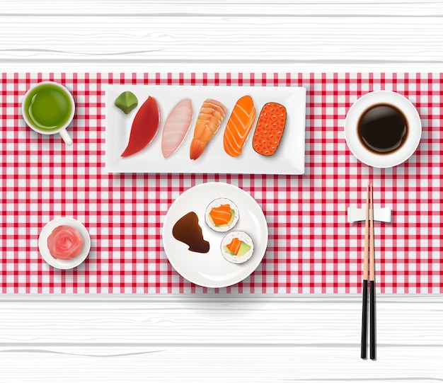 日本の寿司と木製テーブル上の緑茶のイラスト プレミアムベクター