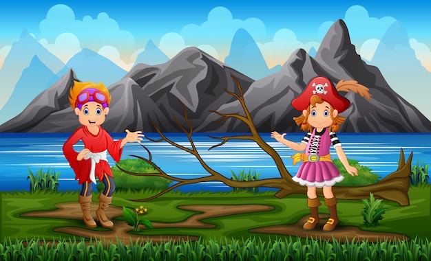 海賊の男の子と女の子 自然の背景 プレミアムベクター