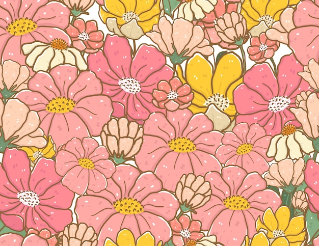 かわいいビンテージパステルカラー落書き花パターンシームレス背景 プレミアムベクター