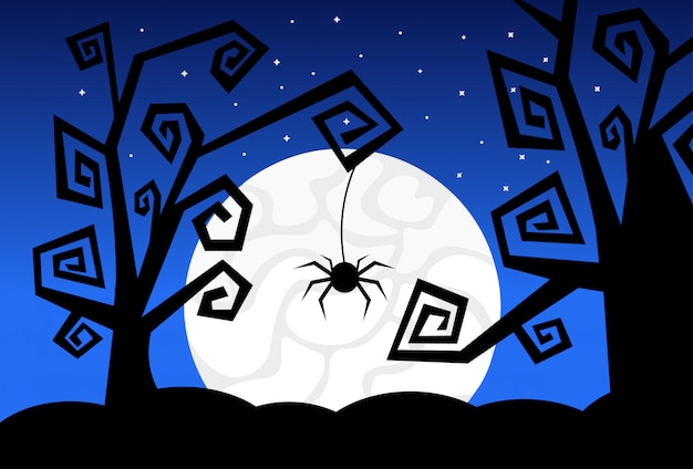 木 クモ 月のシルエットでハロウィンイラスト プレミアムベクター