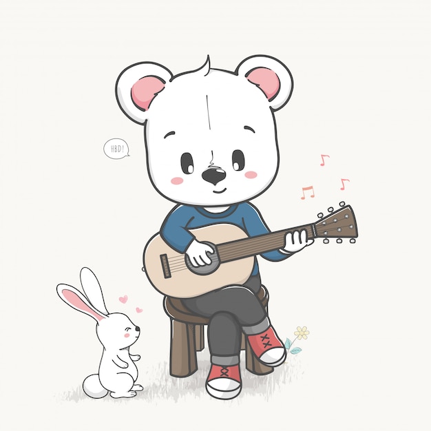 かわいいクマは ギター漫画手描きの背景を再生します プレミアムベクター