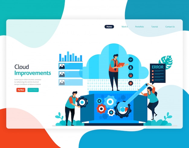 改善クラウドのフラットイラスト クラウドストレージテクノロジーの修理とメンテナンス プレミアムベクター