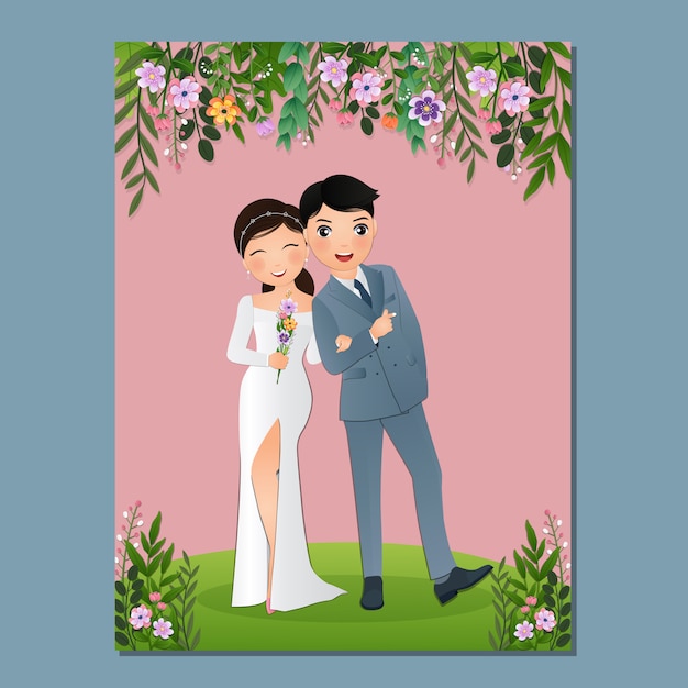 結婚式の招待カードの新郎新婦のかわいいカップルの漫画のキャラクター プレミアムベクター