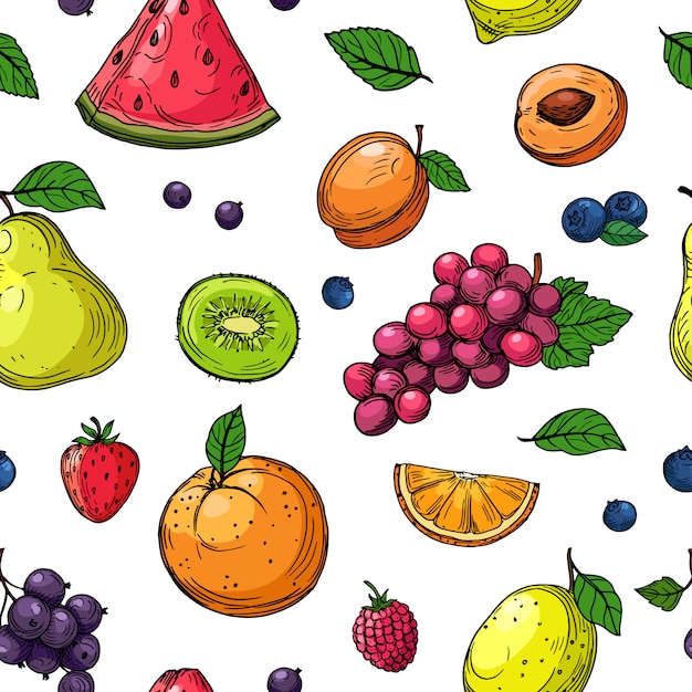 フルーツとベリーのシームレスなパターン オレンジとブドウ キウイ梨 スイカとイチゴ ラズベリーの桃の果実の壁紙 プレミアムベクター