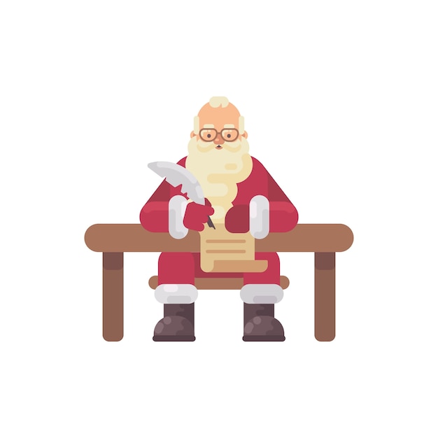 子供の手紙を書く机に座っているサンタクロース クリスマスキャラクターフラットイラスト プレミアムベクター