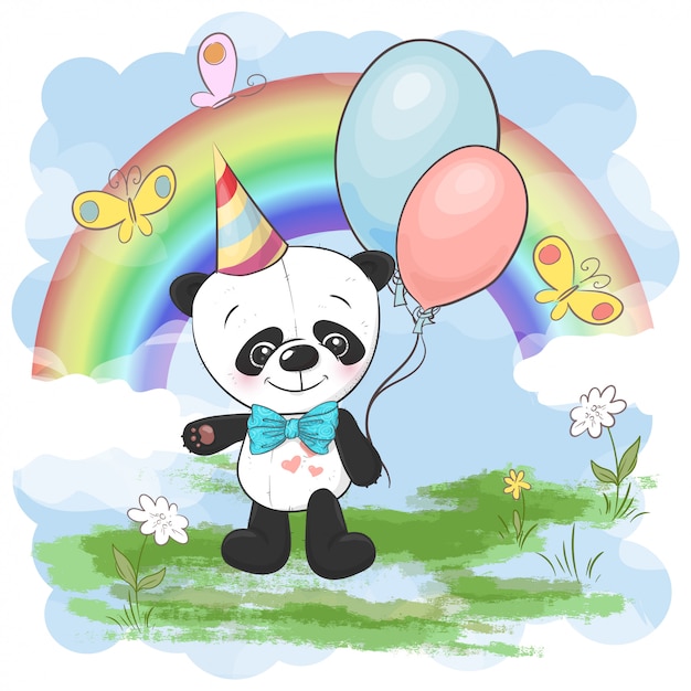 虹と雲の風船でイラストかわいい小さなパンダ 服や子供部屋に印刷する