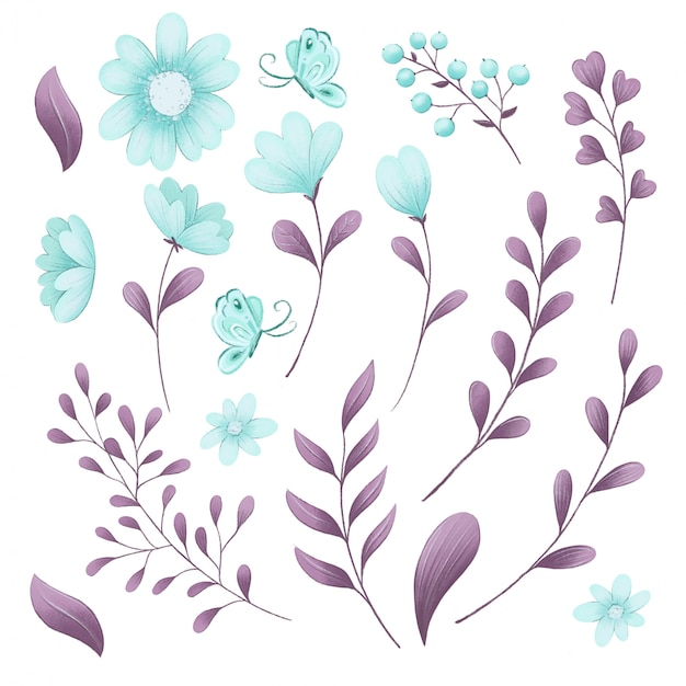 森の春の花のかわいいイラストセット プレミアムベクター