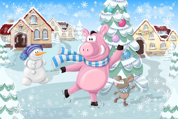 かわいい豚のカップル漫画イラストクリスマスの雪景色のデザイン プレミアムベクター
