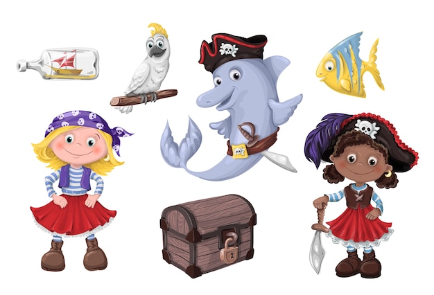 かわいい漫画の女の子の海賊ベクトルのイラスト 子供たちは海賊