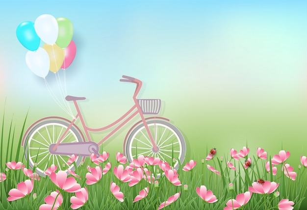 コスモスの花畑と自転車の春のイラスト プレミアムベクター