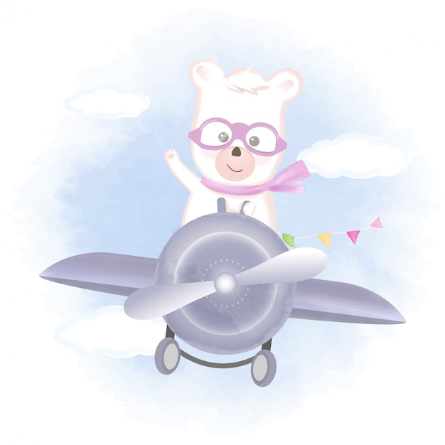 飛行機の手描き漫画イラストを飛んでいるかわいいクマ プレミアム