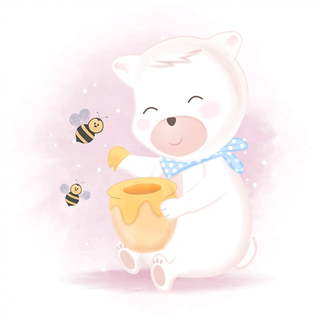かわいいクマと蜂蜜の瓶のイラストが蜂 プレミアムベクター