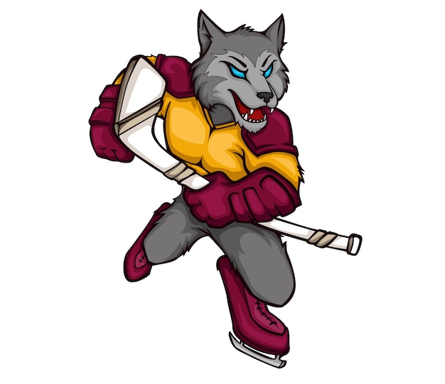 アイスホッケーオオカミのチーム漫画のマスコットのロゴ プレミアムベクター