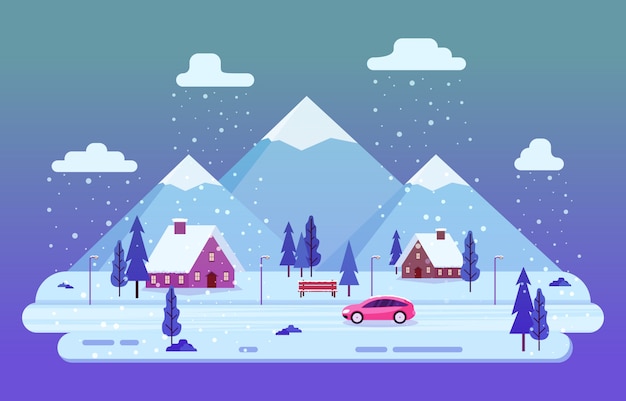 松の木と冬景色雪景色山シンプルなイラスト プレミアムベクター