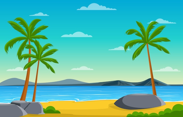 熱帯のビーチでの休暇海ヤシの木夏の風景イラスト プレミアムベクター